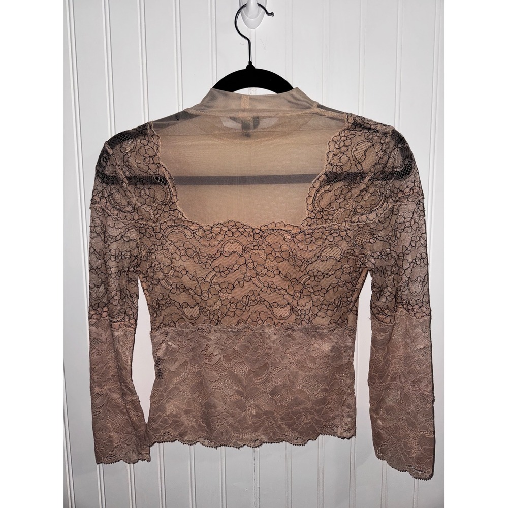 Guess Los Angeles Womens XS Sheer Mesh Floral Lace Mock Neck Long Sleeve Top Tan - Picture 3 of 3